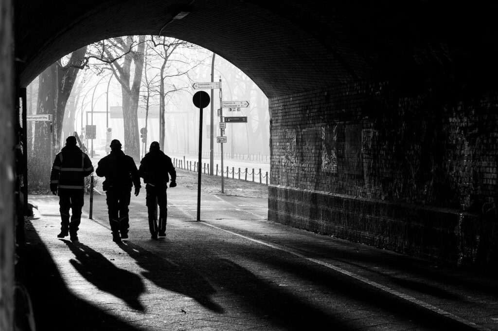 tunnel, people, the shade, light, city, cityscape, black and white, tunnel, people, people, people, people, people